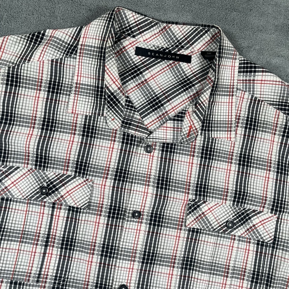 Sean John Shirt Men's Big Tall 3XB 3XL Red Black White Plaid Short Sleeve Button - Picture 1 of 7